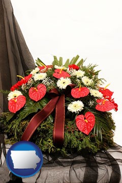 a funeral flower wreath - with Iowa icon